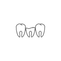 Broken tooth among healthy teeth. Dental disease. Vector illustration.