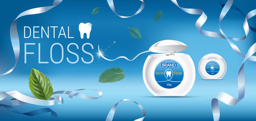 Dental floss ads. Vector 3d Illustration with tooth floss.