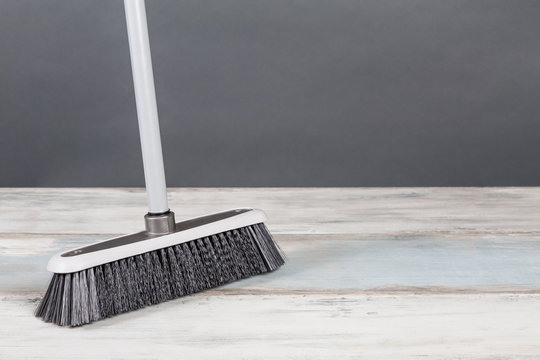 Plastic Broom Gray Background Wooden Floor