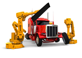 American truck assembly line  / 3D render image representing an american truck assembly line with robots 