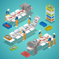 Fish Farming Industry with Conveyor and Workers. Vector flat 3d isometric illustration
