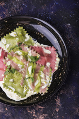 ravioli with spinach and beets