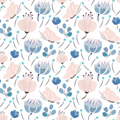 Seamless pattern with abstract flowers, leaves and butterflies in soft pink, blue tones