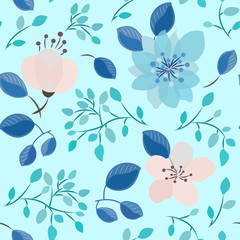Seamless pattern with abstract flowers, leaves in soft blue and pink on a blue background.