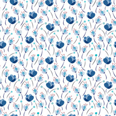 Seamless pattern with abstract meadow flowers in blue and pale blue colors