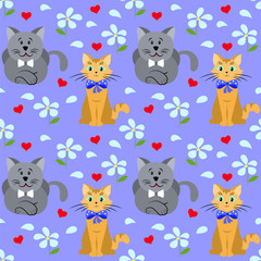 Seamless pattern with cats hearts and flowers on a blue background