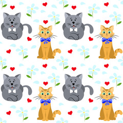 Obraz na płótnie Canvas Seamless pattern with cats hearts and flowers, cartoon drawing