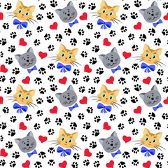 Seamless pattern with cats, hearts and cat tracks