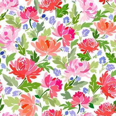 Fototapeten Seamless pattern with colorful flowers peonies on a white background, bright floral ornament. © Tetiana