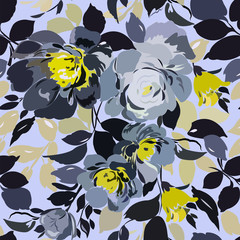 Seamless pattern with flowers and leaves in black, gray, yellow, beige tones on a light blue-gray background.