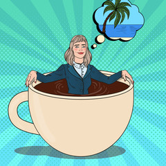 Pop Art Business Woman Relaxing in Coffee Cup and Dreaming about Tropical Vacation. Work Break. Vector illustration