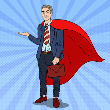 Pop Art Super Businessman in Red Cape Pointing on Copy Space. Business Presentation. Vector illustration