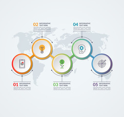 Infographic timeline design template of 5 circular elements on the world map background. Can be used for workflow layout, diagram, chart, report, plan, web, presentation