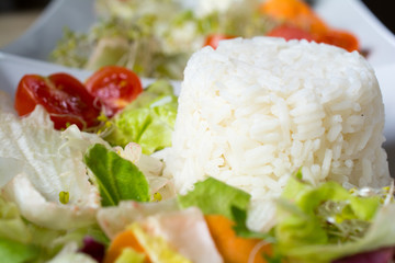 Rice and salad on white plate