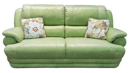Green olive sofa with pillow. Soft khaki couch. Classic divan on isolated background. Leather fabric pistachio sofa