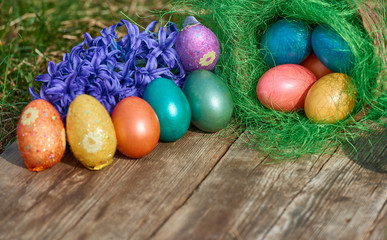 Easter eggs in nest on old wooden background with blue hyacinths flower