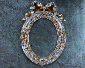 Victorian, old, golden, round frame, Baroque on old wall