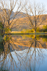 Obraz premium Drakensberg mountains of the amphitheatre reflected in a lake early on a mid-winter morning in South Africa