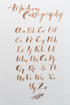 Hand drawn latin calligraphy of brush script. calligraphical letters of the English alphabet. top view. Modern calligraphy. Letters of the alphabet written with a paint brush.