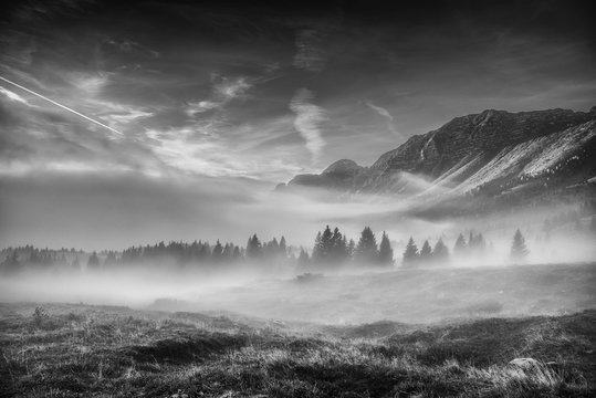 Fototapeta Alpine landscape with fog in black and white