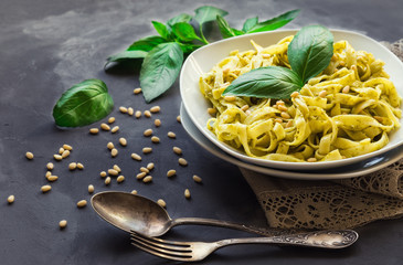 Fettuccine pasta with pesto sauce