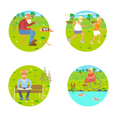 Banners of Retired elderly seniors age couple in flat character design. Grandpa and grandma walking in the park. Grandparents with walking stick and invalid chair outdoor isolated. Vector eps 10