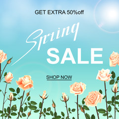 Advertisement about the spring sale on defocused background with beautiful roses. Vector illustration.