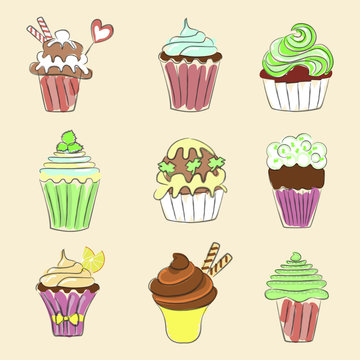 Collection of Hand drawn cupcakes, sketch style. Isolated on white background. Pastel colors. Vector illustration eps 10