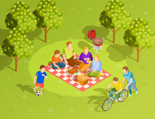 Naklejka premium Family Summer Countryside Picnic Isometric View 