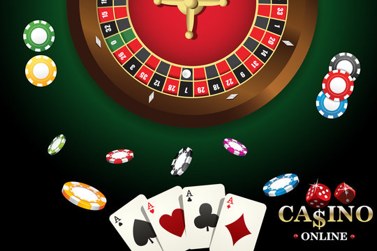 Vector design casino banner. Includes roulette, dice, casino chips, playing cards for poker