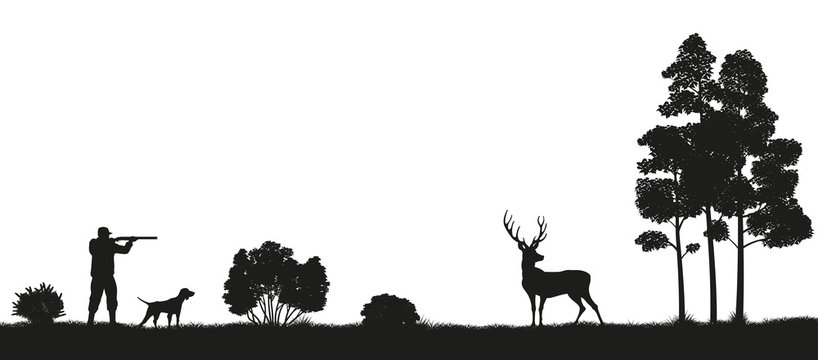 Black silhouette of a hunter and dog in the forest. Hunting for deer. Picture of wild nature