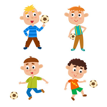 Vector illustration of little boys playing football in cartoon style