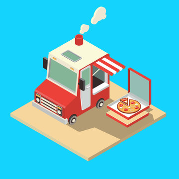 ood Truck. Delivery Master. Street Food Chef Web Template. Flat Icon Set Isometric Food Truck. 