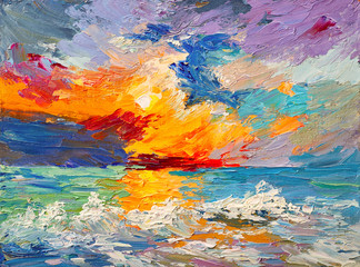 Oil painting of the sea, multicolored sunset on the horizon, watercolor - obrazy, fototapety, plakaty