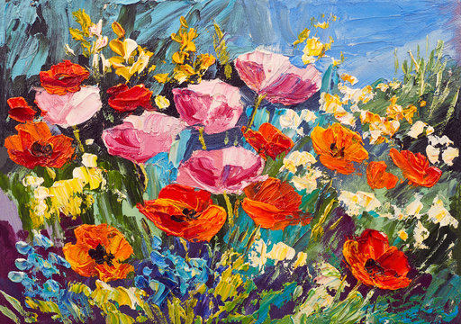 Oil painting of spring flowers on canvas, art work © Fresh Stock