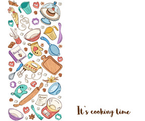 It's cooking time. Baking tools in vertical stripe composition. Recipe book background concept. Poster with hand drawn kitchen utensils.