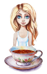 Party colorful tea cup and saucer with girl adolescent closeup. Sketch handmade.Petite girl fairy. Watercolor illustration. - 141272536