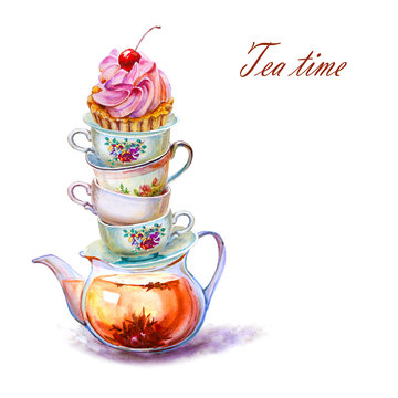 Party colorful tea cup and saucer with girl Cupcake closeup. Sketch handmade. Watercolor illustration on white background