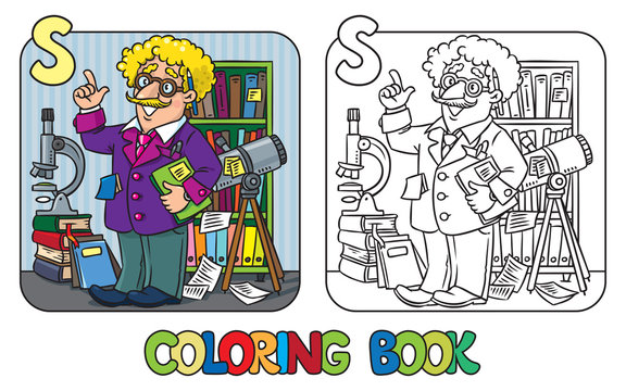 Coloring book of funny scientist or inventor