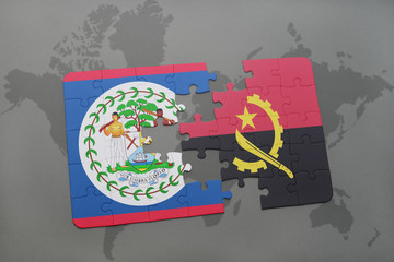 puzzle with the national flag of belize and angola on a world map