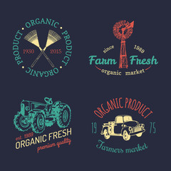 Fototapeta premium Vector set of farm fresh logotypes. Bio products badges collection. Vintage hand sketched agricultural equipment icons.