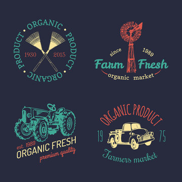 Vector set of farm fresh logotypes. Bio products badges collection. Vintage hand sketched agricultural equipment icons.