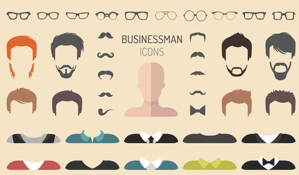 Vector set of dress up constructor with different businessman glasses, beard etc. in flat style. Male faces icon creator