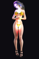 Woman body of Light on black background. Magical Color Lights. Translucent girl. Conceptual fashion art. Seductive candid pose. Photorealistic 3D render illustration. Isolate. Studio.