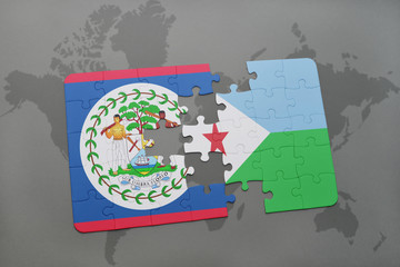 puzzle with the national flag of belize and djibouti on a world map