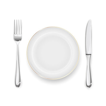 Plate with fork and knife on white background