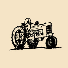 Vector illustration of retro tractor in hand sketched style. Farm fresh logotype. Bio products emblem. Eco food sign.