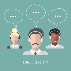 Vector illustration of customer service, call center operators icons with headsets.