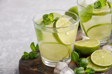 Cold refreshing summer drink with lime and mint in a glass on a grey concrete or stone background, selective focus, copy space.