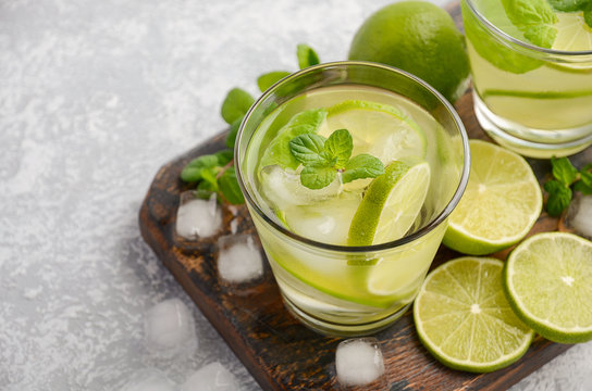 Cold refreshing summer drink with lime and mint in a glass on a grey concrete or stone background, selective focus, copy space.